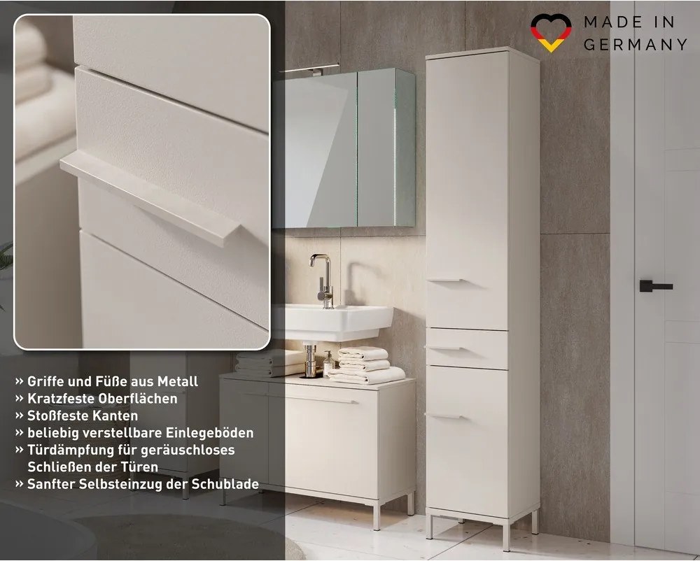 Krémszínű matt magas-keskeny fürdőszoba szekrény 34x190 cm Laurino – Germania