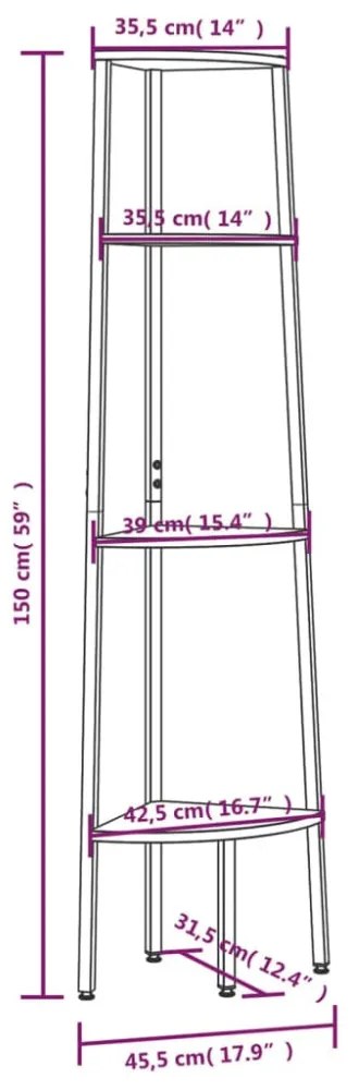 4 szintes fekete sarokpolc 45,5 x 31,5 x 150 cm