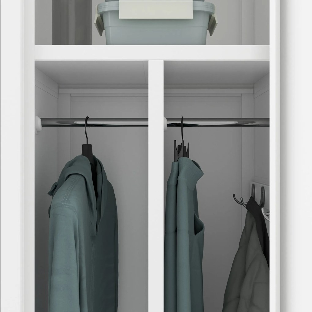 Pléh öltözőszekrény talpazaton, kétmodulos, polccal és köztes fallal KACPER, 800 x 1800 x 500 mm, fehér