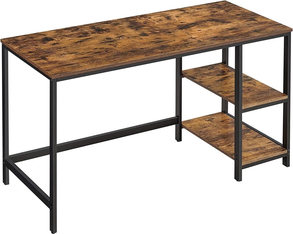 VASAGLE számítógépasztal 2 tárolópolccal, jobb vagy bal oldalra szerelhető, 140 x 60 x 75 cm, rusztikus barna és fekete