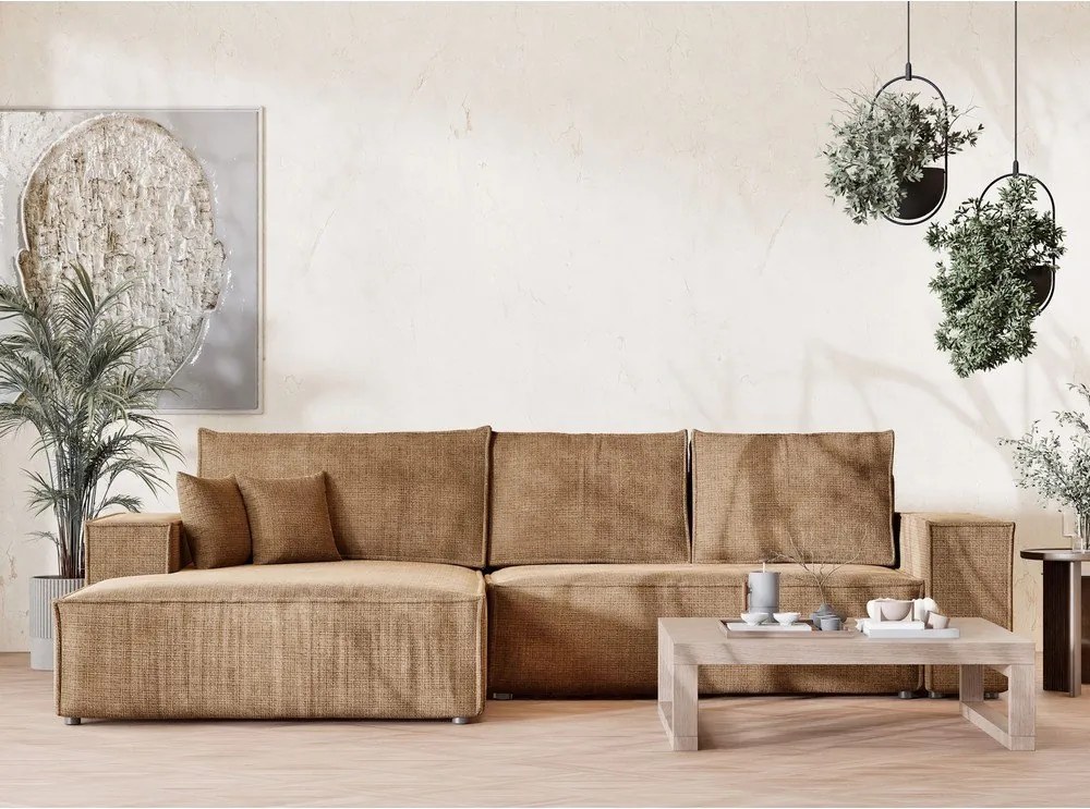 Világosbarna zsenília kinyitható-tárolóhelyes sarokkanapé (bal oldali-heverő résszel) Maze – Maison de Rêve