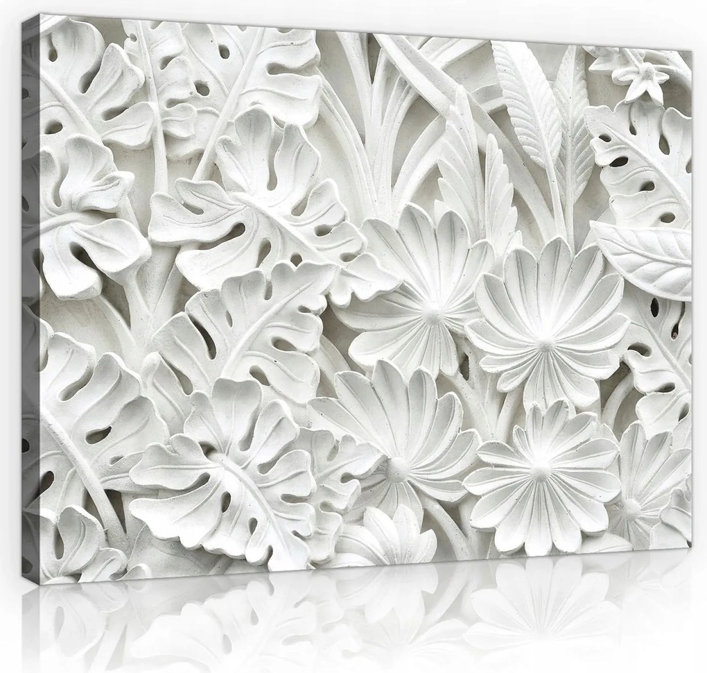 Vászonkép falikép fehér szürke levelek virágok 3d 100 x 75