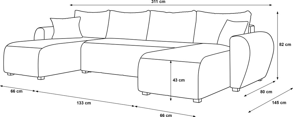 SEVIO U alakú kihúzható ülőgarnitúra, 311x145 cm, sötétszürke + 2 párna INGYEN