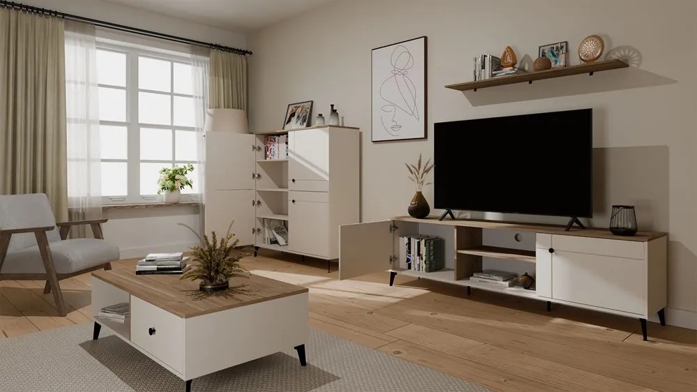 RTV POINT 2D TV állvány 183.5x40x12 cm, kasmír, fekete lábakkal, tölgy fedlappal