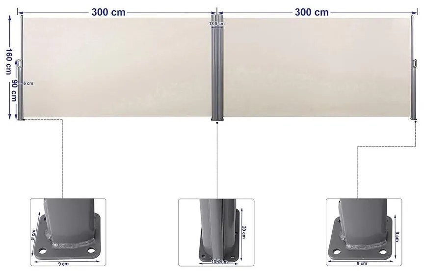 Kétoldalas, kihúzható napellenző 160 x 600 cm, bézs