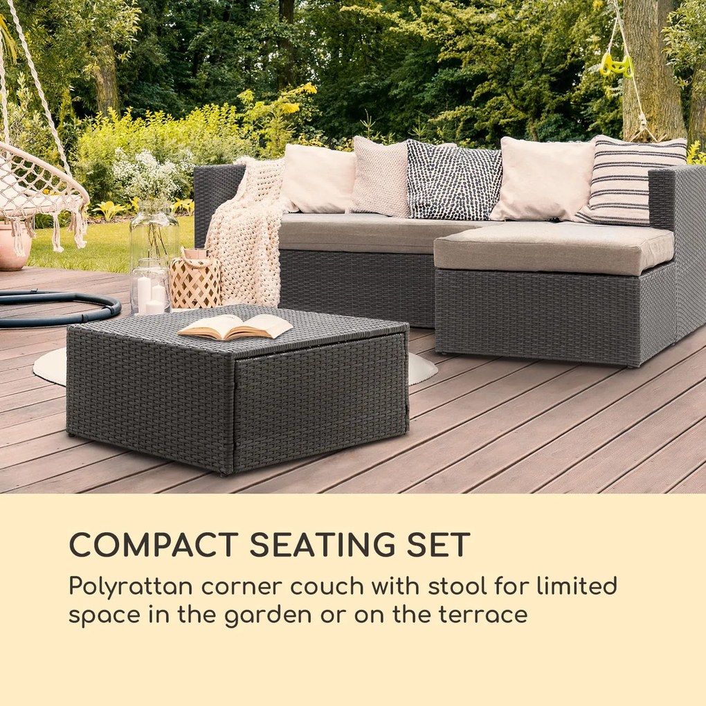 Blumfeldt Theia Lounge Set, kerti ülőgarnitúra, sarok kanapé, asztal, 5 párna, fekete