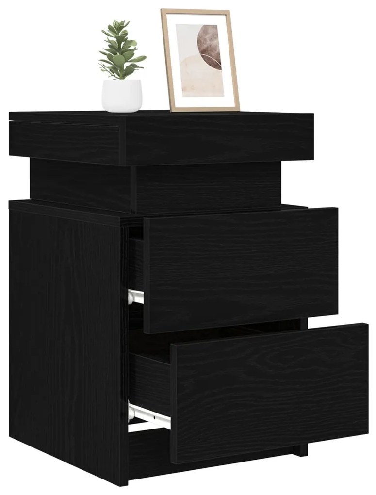 Éjjeli Asztal LED Fénnyel 2 db Fekete Fenyő 35x39x55 cm