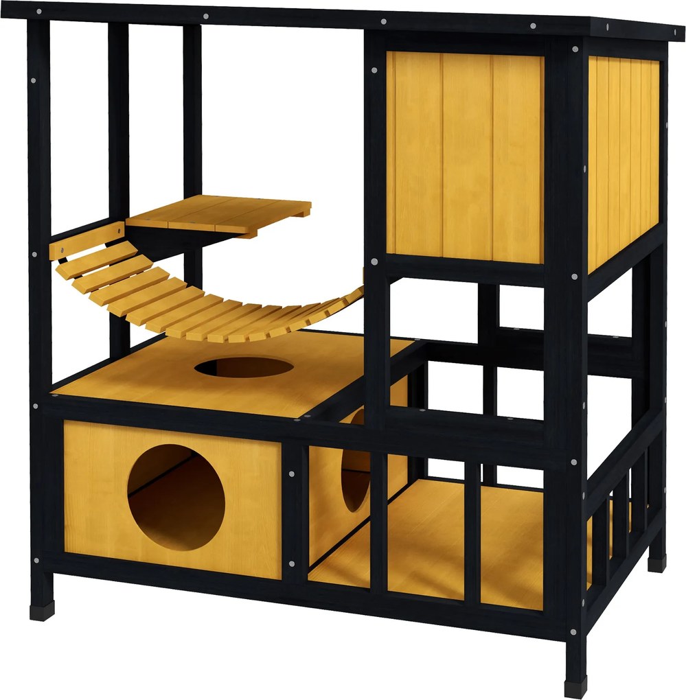 PawHut Fa Macska Ház Kültéri Macska Barlang Macska Villa, Fa Ház Macskáknak Függő Híddal, Erkély, Platform, Vízálló Tető, 1-2 Macskához 5 kg-ig, Sárga