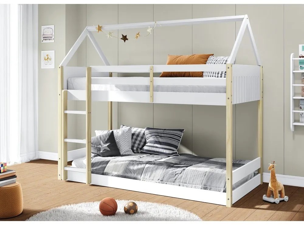 Fehér-natúr színű házikó alakú emeletes gyerekágy 90x190 cm Valka – Marckeric