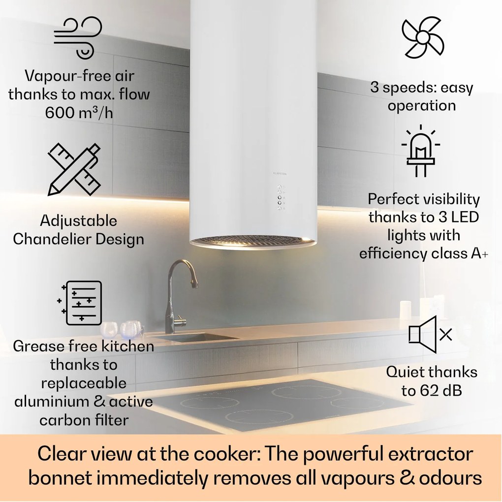 Klarstein Bolea, sziget páraelszívó, Ø 38 cm, recirkulációs/elszívás üzemmód, 600 m³/ó, LED, aktívszén szűrőkkel