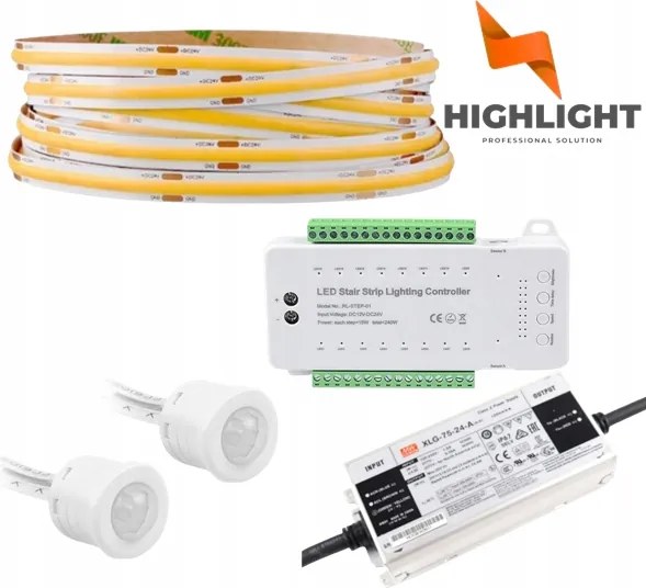 5m Lépcső szett Lépcsőzetes Led szalag MoNo Cob 8W 24V+mozgásérzékelők 16w