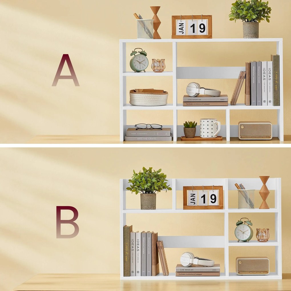 Asztali polc, fa íróasztali tárolópolc 6 rekesszel, fehér színben