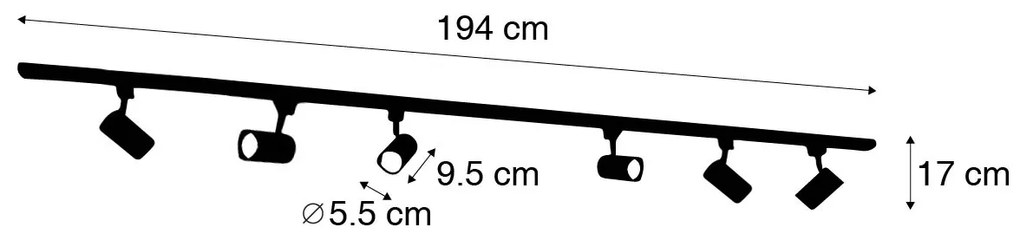 Modern sínrendszer 6 fekete spotlámpával, 1 fázisú, 200 cm - Iconic Jeana