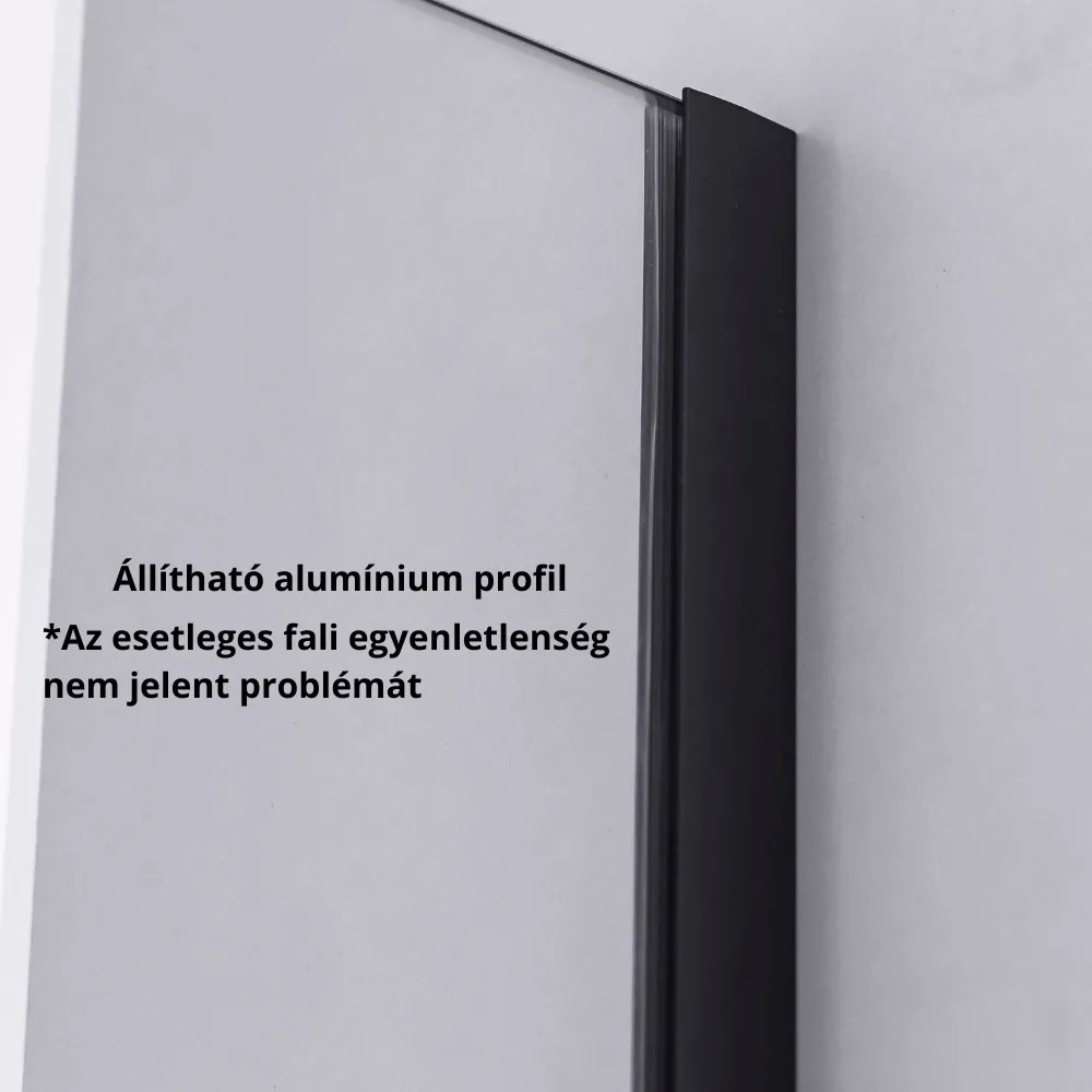 Stuxi Milano Black Walk-in zuhanyfal, 100x200 cm, 8 mm vastag vízlepergető biztonsági üveggel, fekete profillal és távtartóval