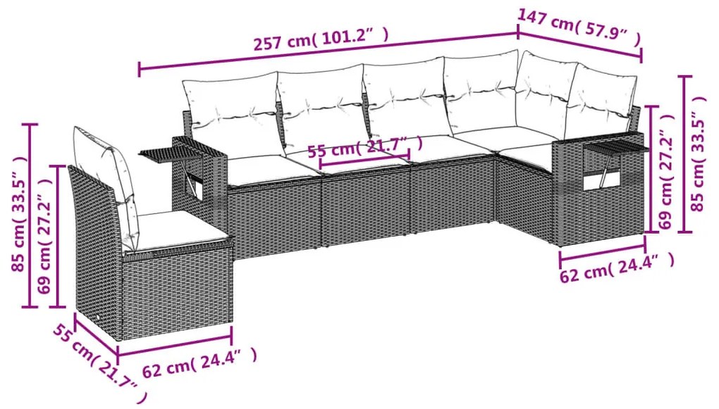 6 részes fekete polyrattan kerti ülőgarnitúra párnákkal