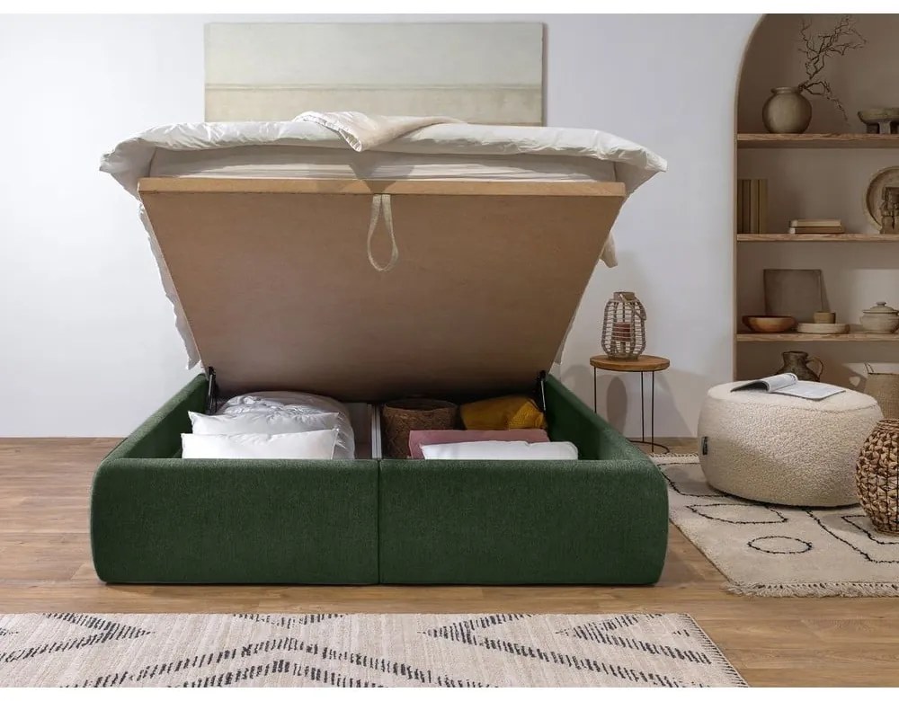 Sötétzöld kárpitozott ágyneműtartós franciaágy ágyráccsal 180x200 cm Garance – Bobochic Paris