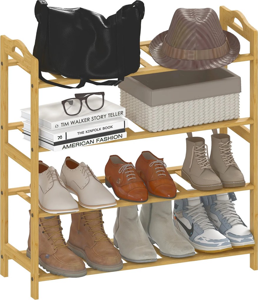 HOMCOM 4-Szinű Bambusz Cipőállvány 12 Pár Cipőhöz Előtérbe, Folyosóba vagy Hálószobába 67.5x24.7x72 cm Természetes Fa | Aosom