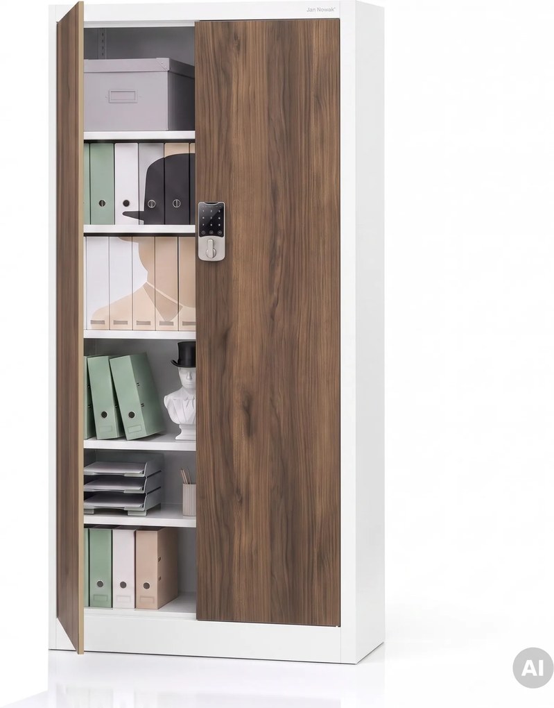 Fém irodai szekrény kódzárral, fehér, dió, 900x1850x400 mm: DANIEL Eco Design
