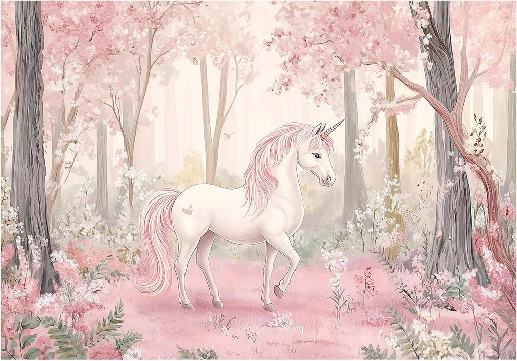 Unikornis a rózsaszín erdőben fali fotótapéta egy varázslatos világból