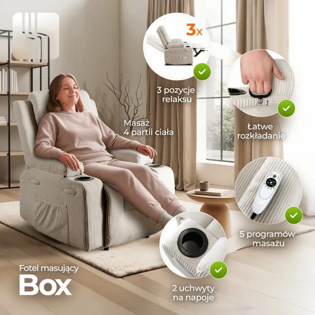 Elektromosan Vezérelhető Masszázsfunkciós Relaxfotel Bézs Kordbársony Kárpittal. BOX 2
