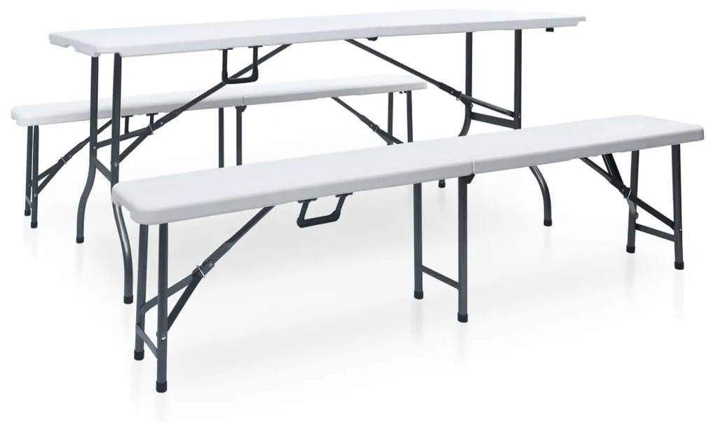 vidaXL fehér HDPE és acél összecsukható kerti asztal 2 paddal 180 cm