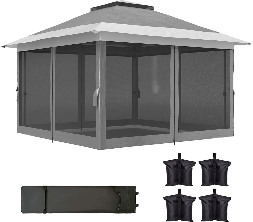 Outsunny Összecsukható Tető 3.6x3.6 m Pop-Up Napernyő 4 UV-védő Hálós Oldalfallal Állítható Magasságú Homokzsákkal és Szállítótáskával Kempingezéshez