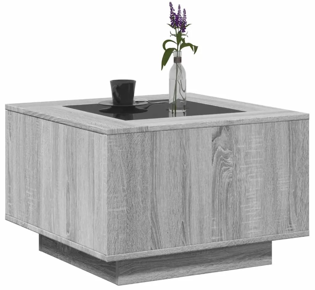 Szürke sonoma szerelt fa dohányzóasztal LED-del 60 x 60 x 40 cm