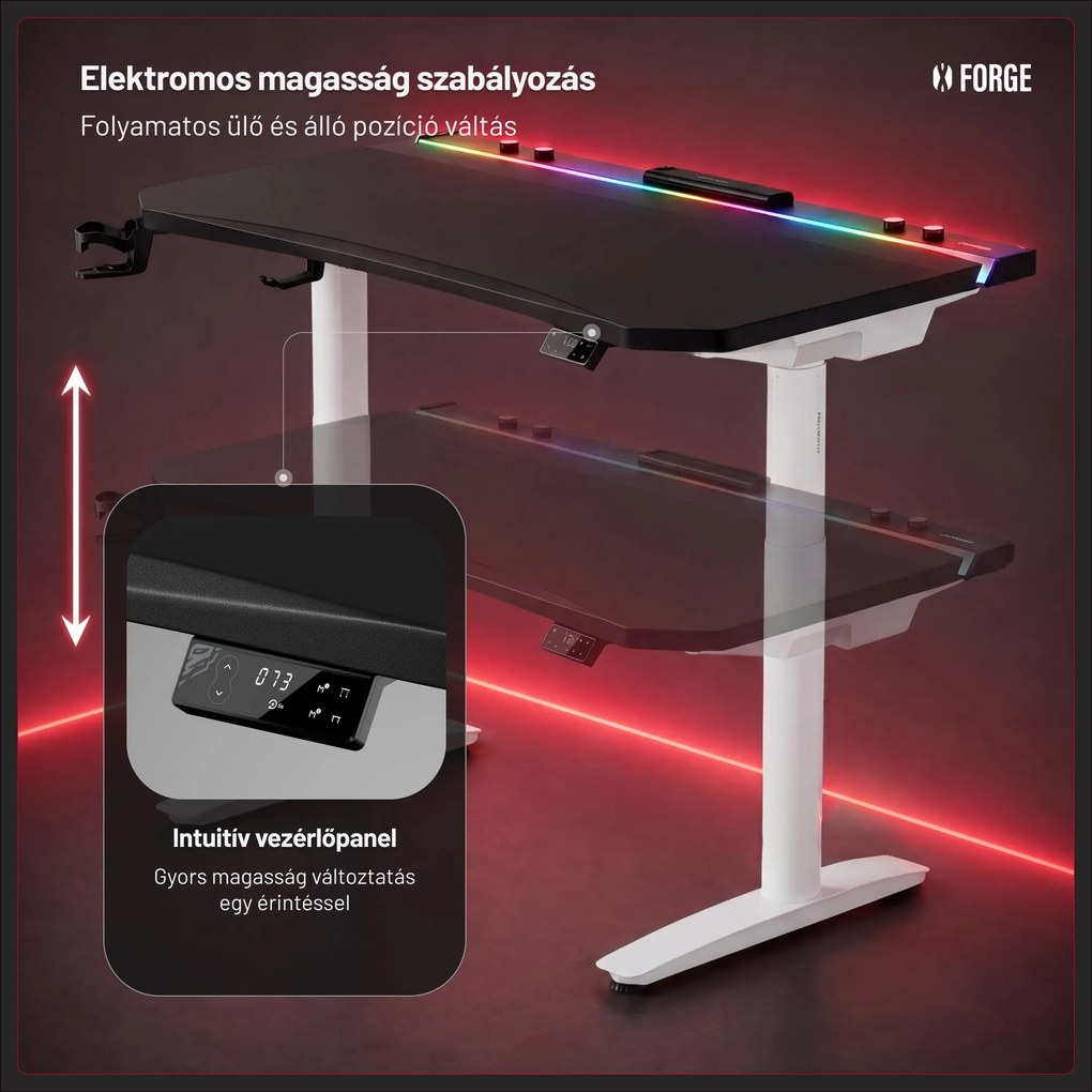 Elektromos RGB gamingasztal tartókkal, fekete-fehér, 140 cm: Diablo X-Forge 1400