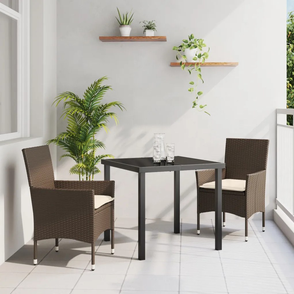 3 Darabos Kerti Étkezőszett Párnákkal Barna Polirattan, Kerti Asztal Fekete 80x80x73 cm Edzett Üveg