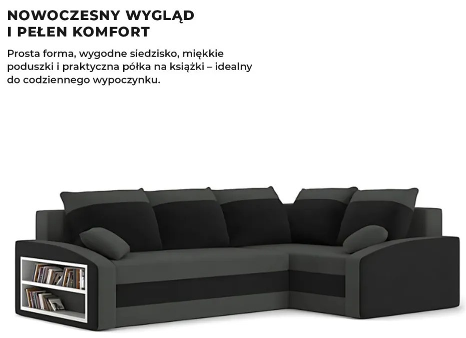 Grande sarokkanapé polcokkal , polc a bal karfaban, jobboldali, szövet anyag, hab töltet, szürke - fekete