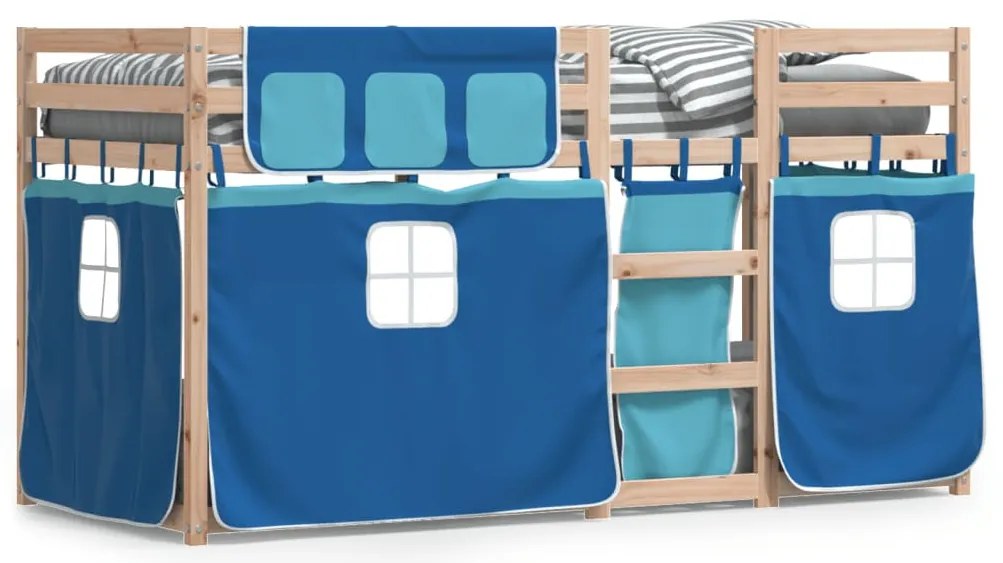 vidaXL kék tömör fenyőfa emeletes ágy függönyökkel 90 x 190 cm