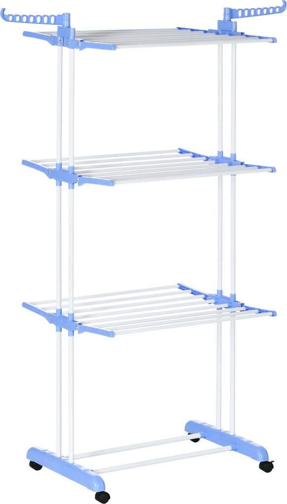 HOMCOM Ruhaszárító Torony Kerekekkel, 4 Szinttel, Kihúzható Szárító, Belső és Külső Használatra, Acél Kék 73 x 45,5 x 177 cm | Aosom