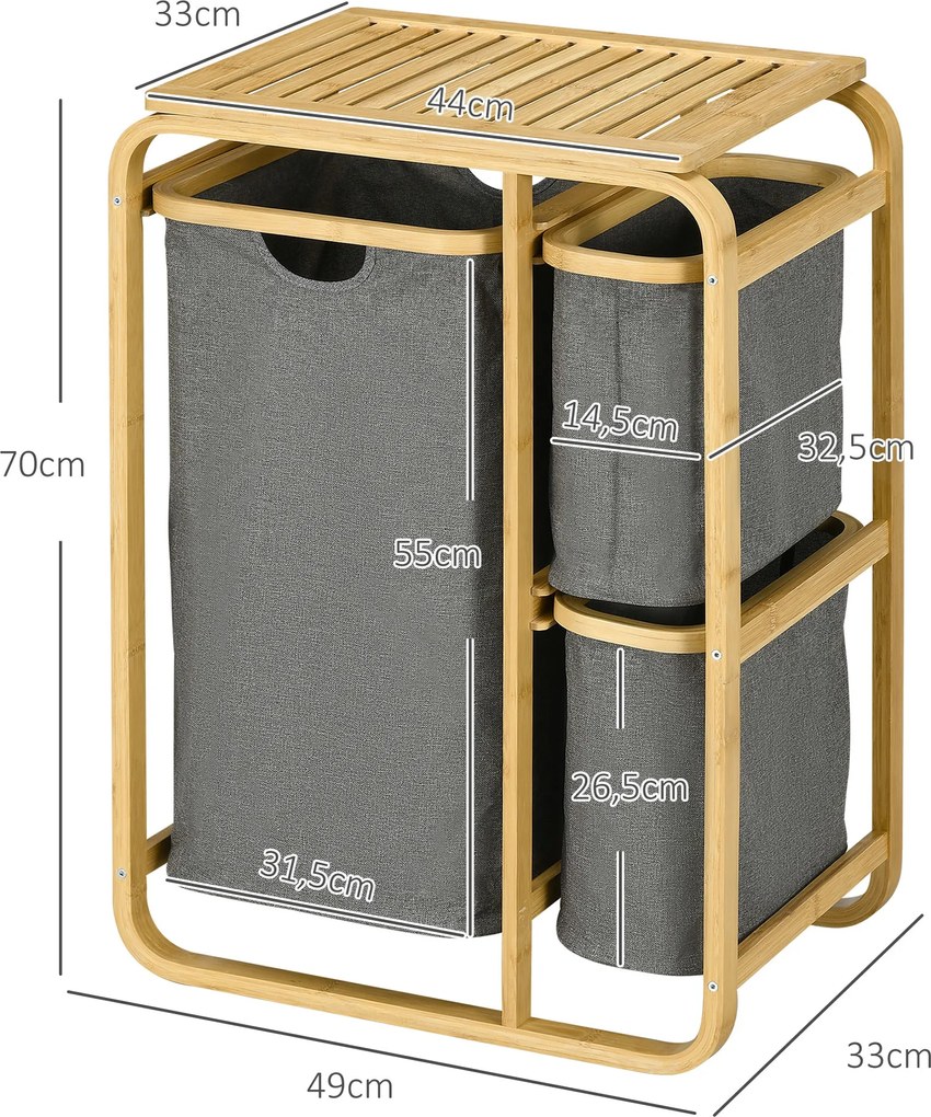 HOMCOM Bambusz Ruhás Kosár Tároló Kosár 3 Levehető és Csúsztatható Nem Szőtt Szövet Kosárral - 49L x 33W x 70H cm Szürke | Aosom