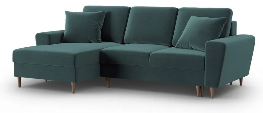 Petróleum színű bársony kinyitható tárolóhelyes sarokkanapé (bal oldali-heverő résszel) Kyoto – Cosmopolitan Design