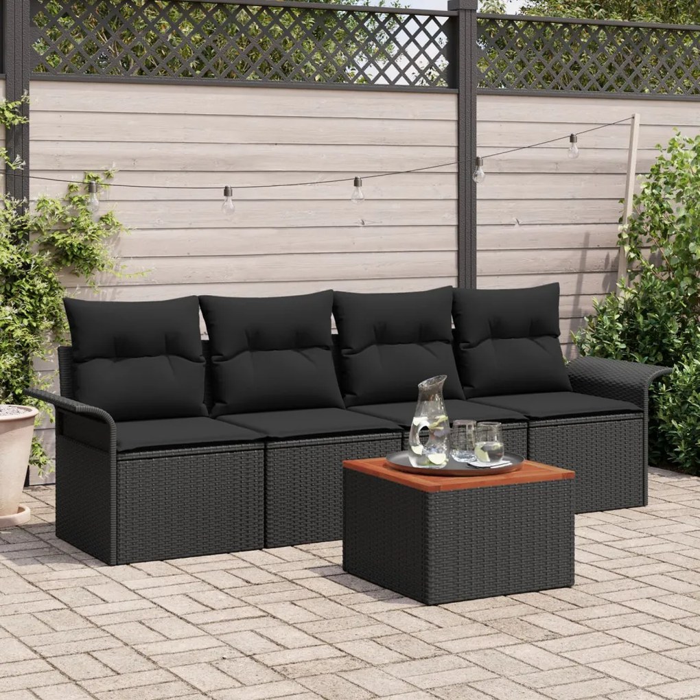 5 Részes Kert Kanapé Szett Párnákkal Fekete Poly Rattan Akácia
