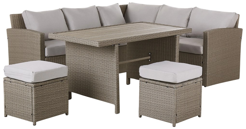 Ötszemélyes rattan sarok ülőgarnitúra szürke párnákkal BARDI Beliani