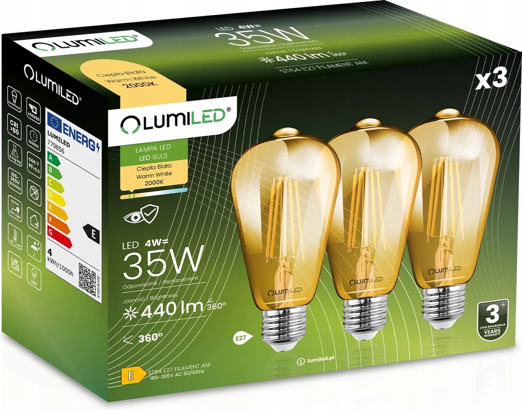 3x Led izzó E27 ST64 4W 440lm 2000K Meleg CCD 360° Filament Lumiled