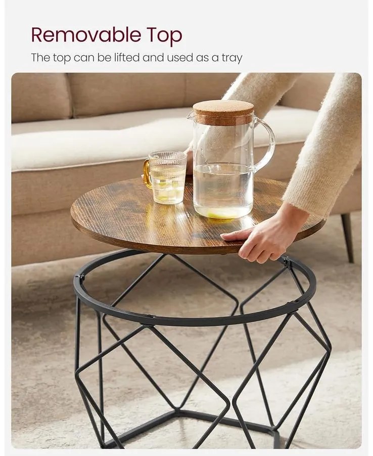 Dohányzóasztal, 2 oldalsó asztal, Ø60cm és Ø50cm, barna-fekete