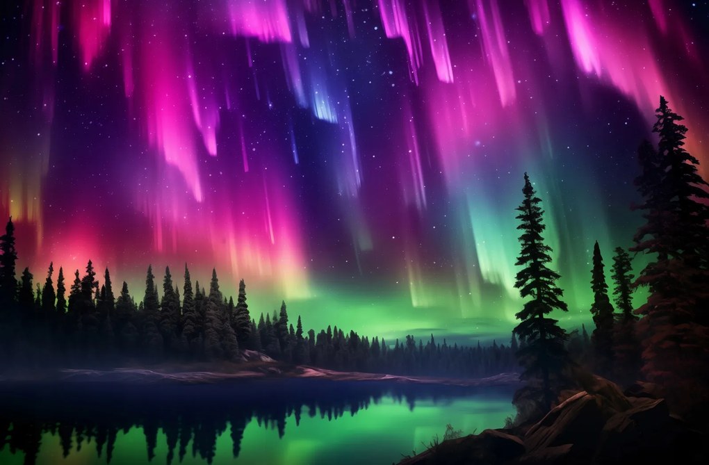 Poszter 91,5x60cm Északi fény az erdő felett