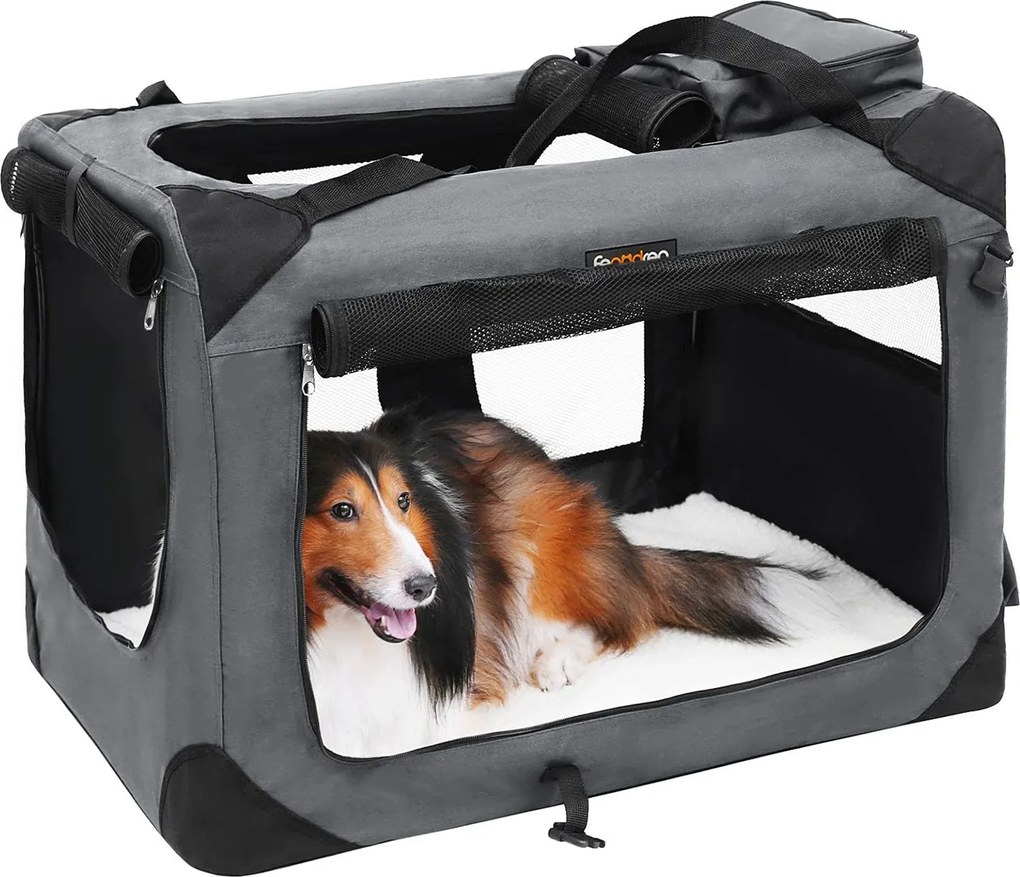 Összecsukható kutyahordozó, l-es szállítótáska, szürke | feandrea