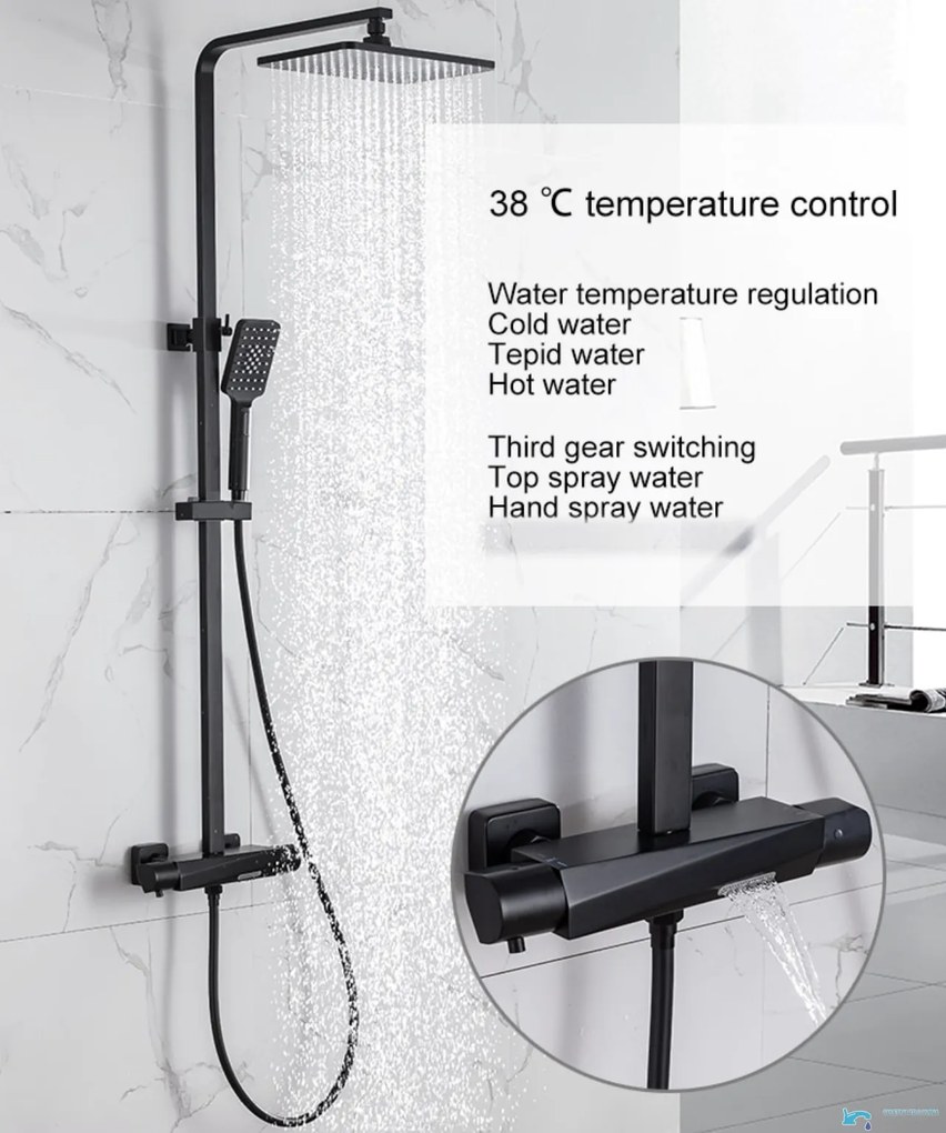 Zuhanypanel EYN TB1751 termosztáttal és többféle vízsugarú zuhanyfejjel, matt fekete, króm és további színváltozatokban — Fekete