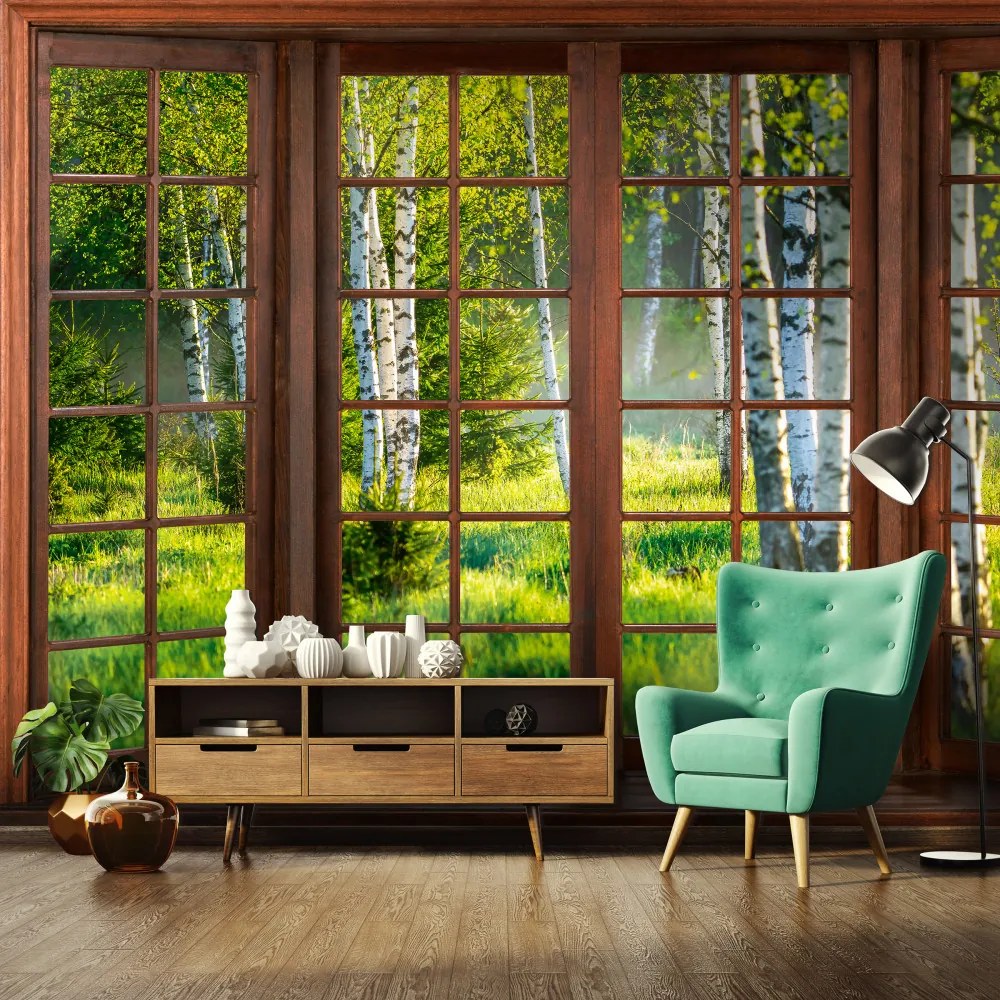 Ablakból kilátás erdőre poszter, fotótapéta, Vlies (400 x 280 cm)