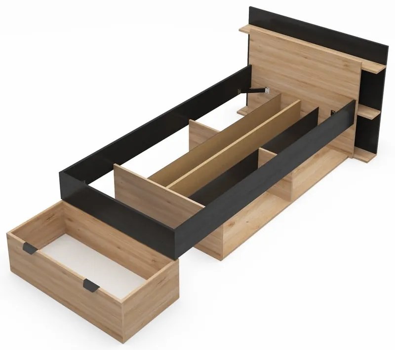 Fekete-natúr színű ágyneműtartós egyszemélyes ágy ágyrács nélkül, tölgyfa dekorral 90x200 cm Albo – Marckeric