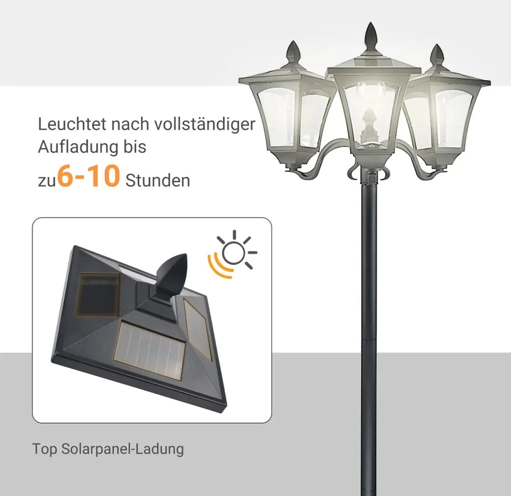 Outsunny napelemes kerti lámpa 3 izzóval, rozsdamentes acél rúddal, 120 lumenes LED, 51,5x47x182,5cm, fekete