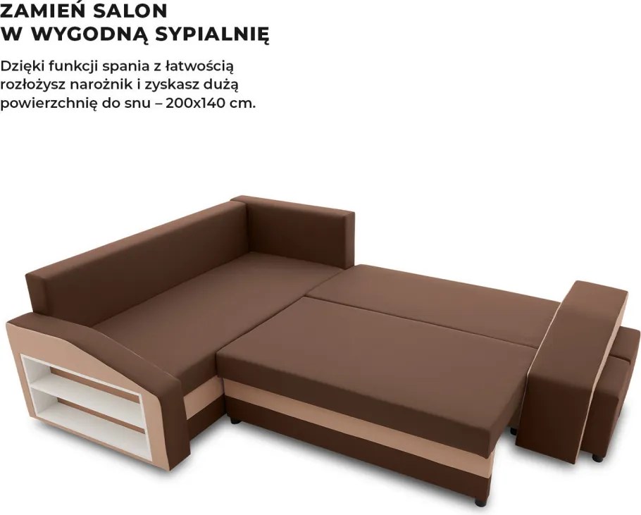 Grande sarokkanapé polcokkal és puffokkal , polc a bal karfaban puffok a jobb karfaban, baloldali, szövet anyag, hab töltet, barna