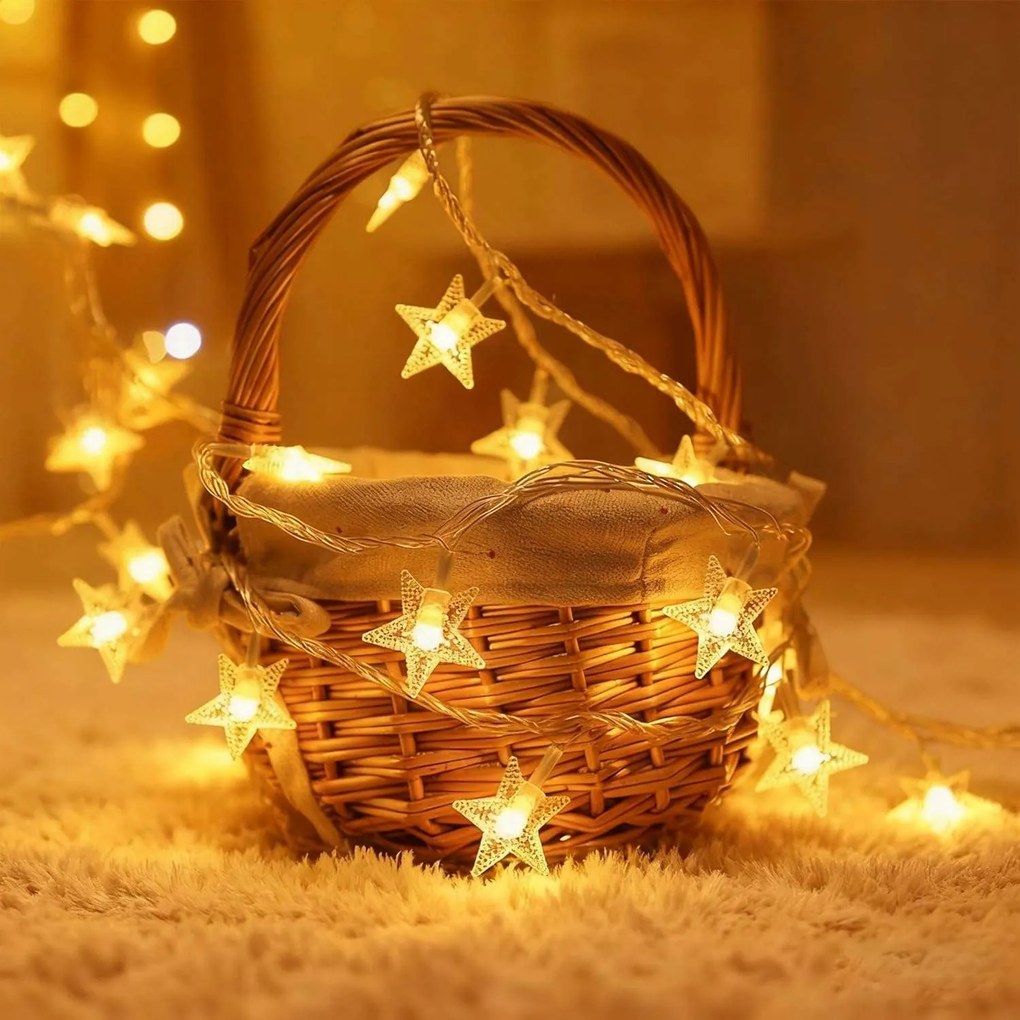 Karácsonyi LED-es fényfüzér csillag elemes 6m