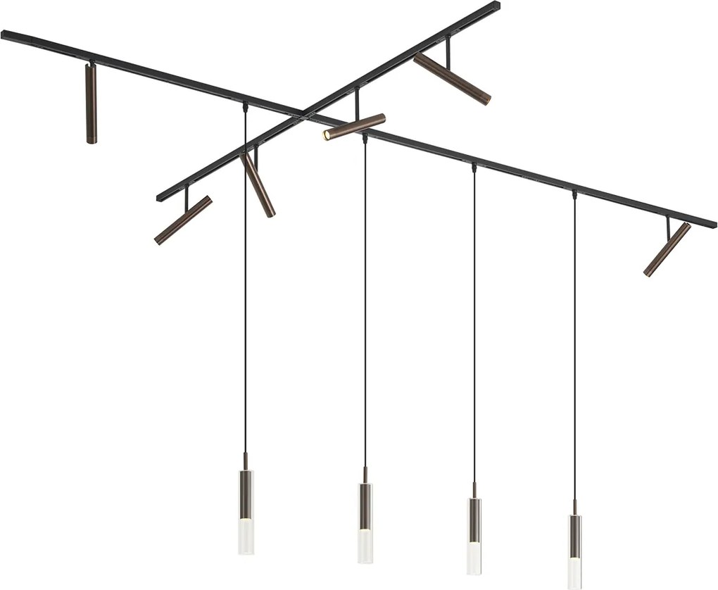 Modern fekete sínrendszer 6 spotlámpával és 4 függőlámpával, sötét bronz színben, 1 fázisú - Slimline Avery Loyce