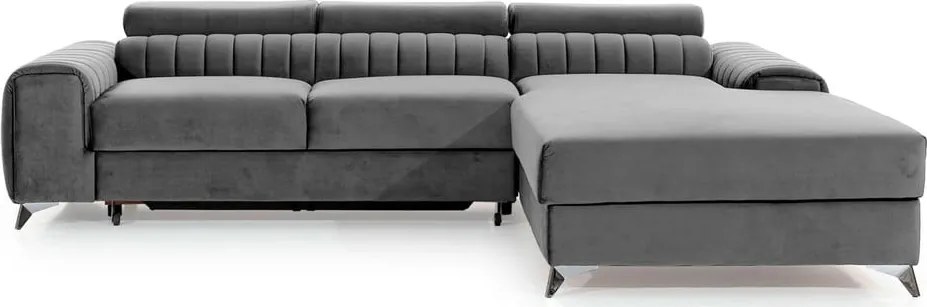 Szürke bársony kinyitható-tárolóhelyes sarokkanapé (jobb oldali-heverő résszel) Grayson – ELTAP