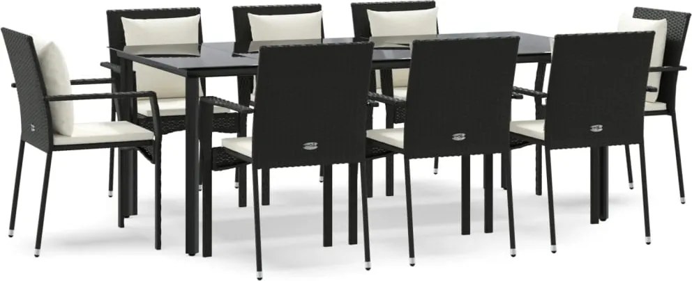 vidaXL 9 részes fekete polyrattan kerti étkezőgarnitúra párnákkal