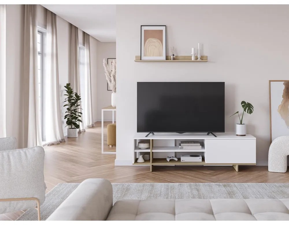 Fehér TV-állvány tölgyfa dekorral 160x44 cm Cequoia – Marckeric